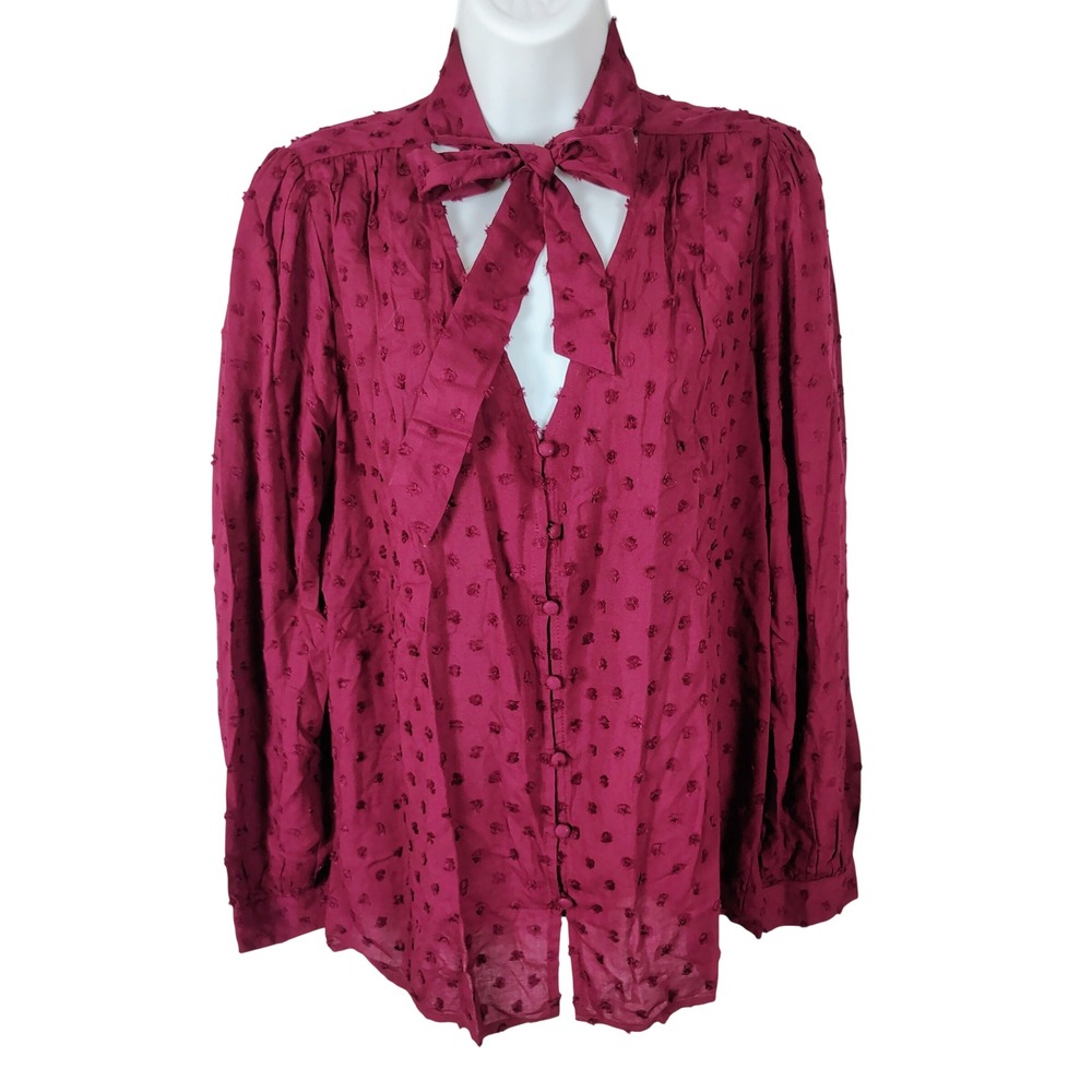LOFT Women Small Maroon Clip Dot Tie Neck Keyhole Button‎ Front Blouse siren